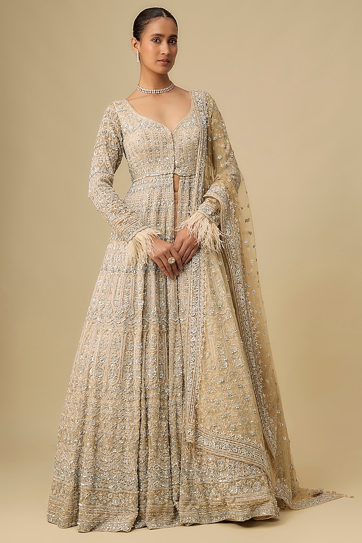 Gold Organza Hand & Machine Embroidered Jacket Bridal Lehenga Set by Kalighata at Pernia's Pop Up Shop
