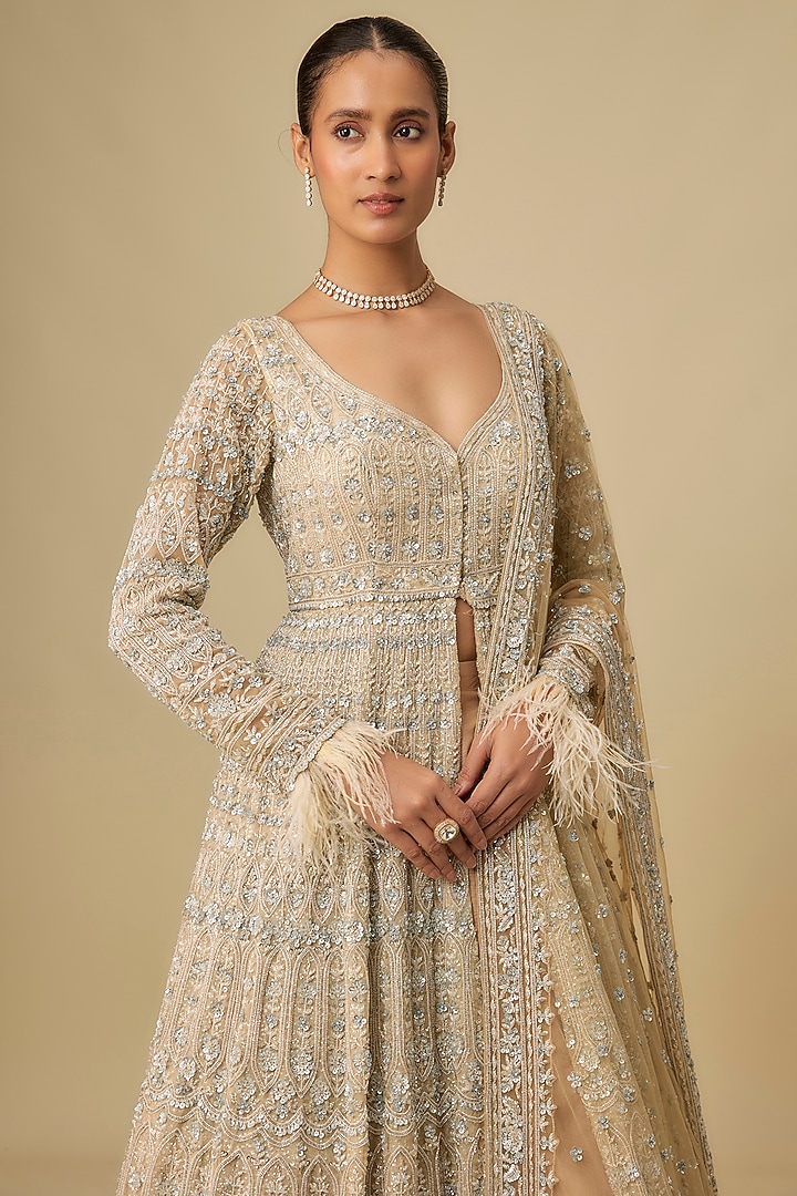 Gold Organza Hand & Machine Embroidered Jacket Bridal Lehenga Set by Kalighata at Pernia's Pop Up Shop