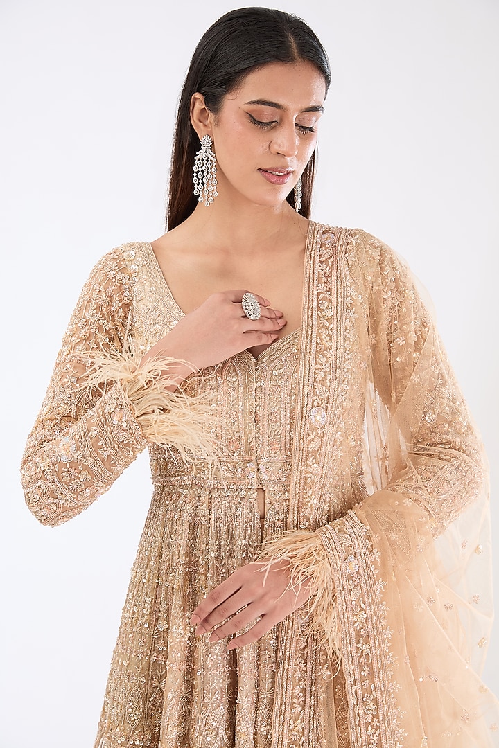 Gold Organza Hand Embroidered Jacket Bridal Lehenga Set by Kalighata at Pernia's Pop Up Shop