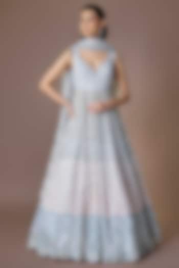 Grey Organza Hand & machine Embroidered Bridal Anarkali Set by Kalighata at Pernia's Pop Up Shop