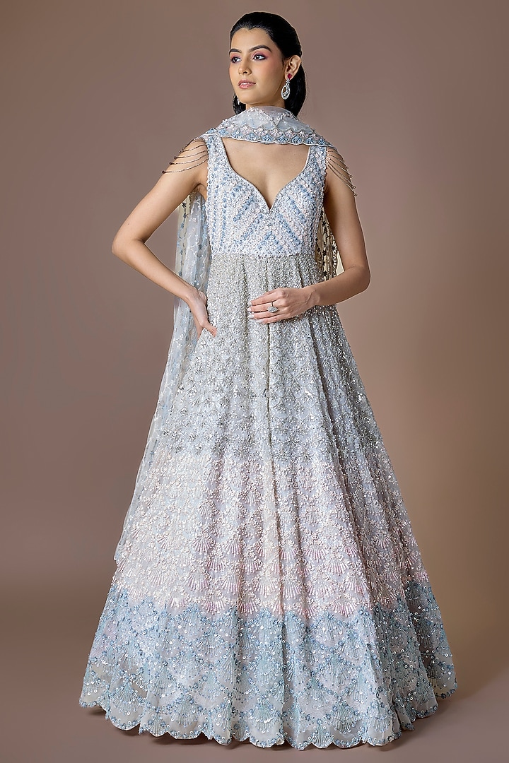 Grey Organza Hand & machine Embroidered Bridal Anarkali Set by Kalighata at Pernia's Pop Up Shop
