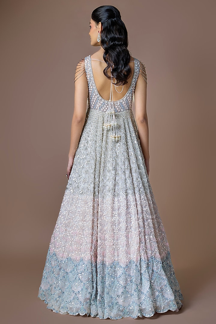 Grey Organza Hand & machine Embroidered Bridal Anarkali Set by Kalighata at Pernia's Pop Up Shop