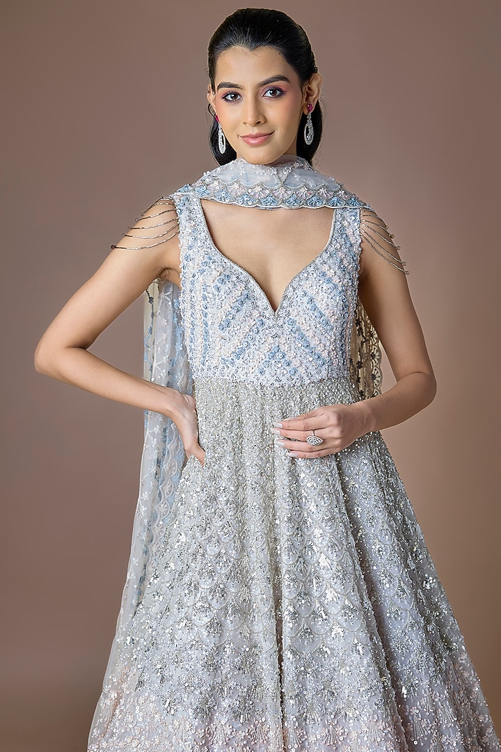Grey Organza Hand & machine Embroidered Bridal Anarkali Set by Kalighata at Pernia's Pop Up Shop