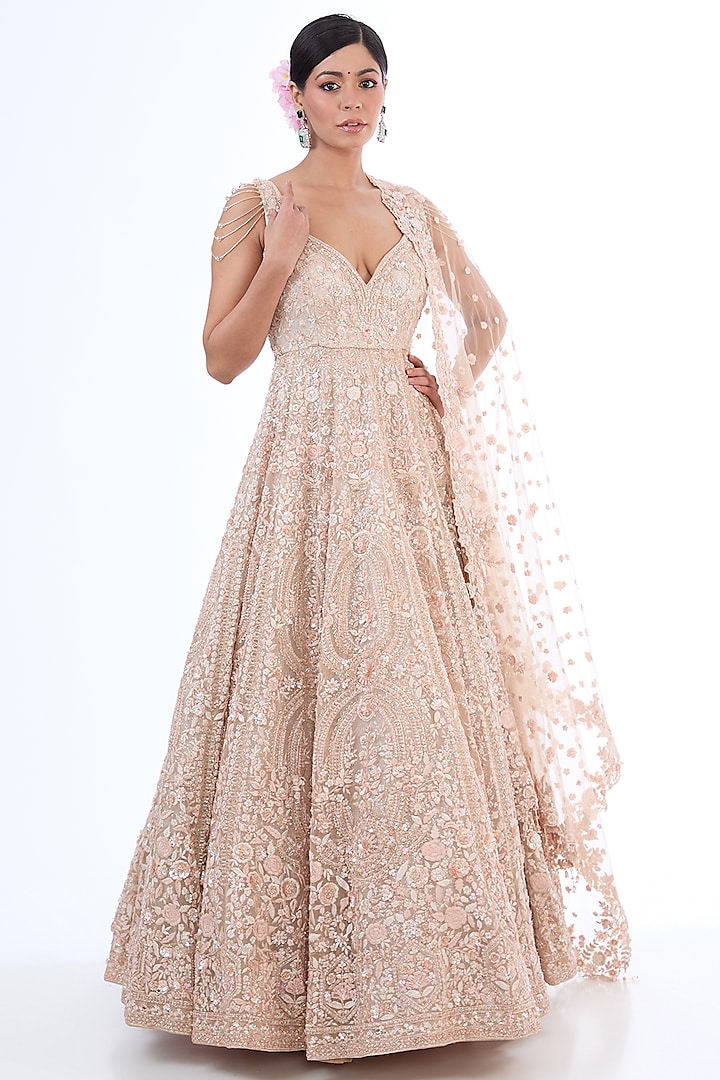 Peach Organza Hand Embroidered Gown With Dupatta by Kalighata