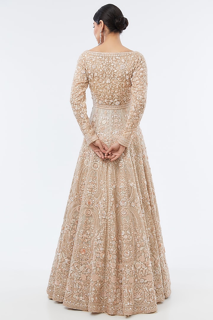 Peach Organza Hand Embroidered Jacket Bridal Lehenga Set by Kalighata at Pernia's Pop Up Shop