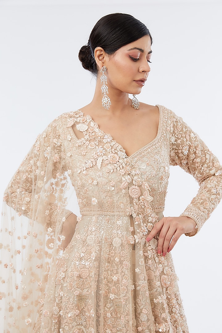 Peach Organza Hand Embroidered Jacket Bridal Lehenga Set by Kalighata at Pernia's Pop Up Shop