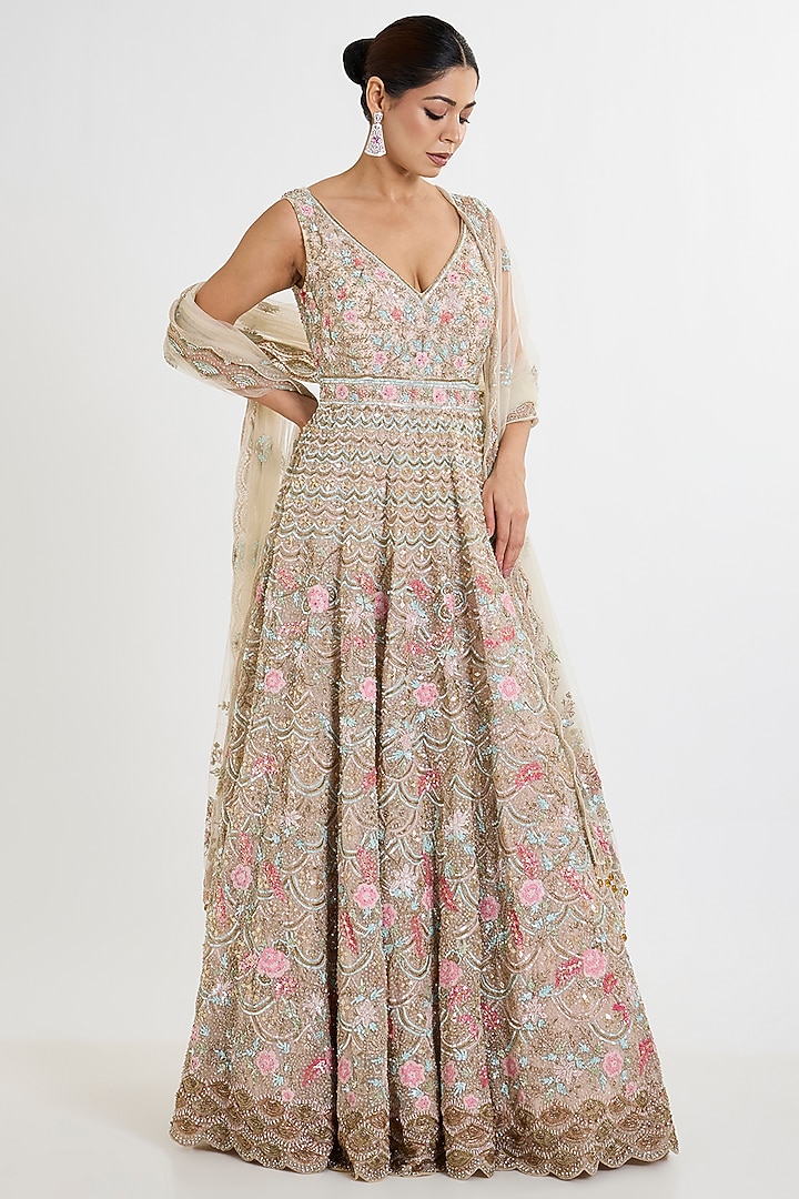 Multi-Colored Net Zardosi Embroidered Bridal Anarkali Set by Kalighata at Pernia's Pop Up Shop