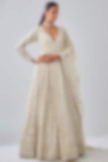 Ivory Tissue Organza Brocade Zardosi Embroidered Jacket Bridal Lehenga Set by Kalighata at Pernia's Pop Up Shop