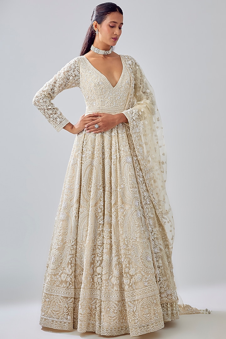 Ivory Tissue Organza Brocade Zardosi Embroidered Jacket Bridal Lehenga Set by Kalighata at Pernia's Pop Up Shop