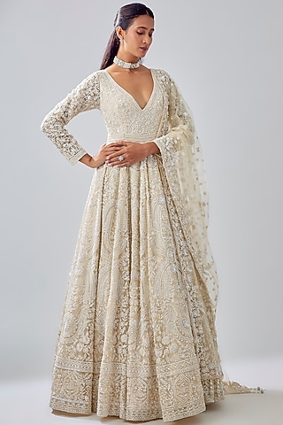 Ivory Tissue Organza Brocade Zardosi Embroidered Jacket Lehenga Set by Kalighata