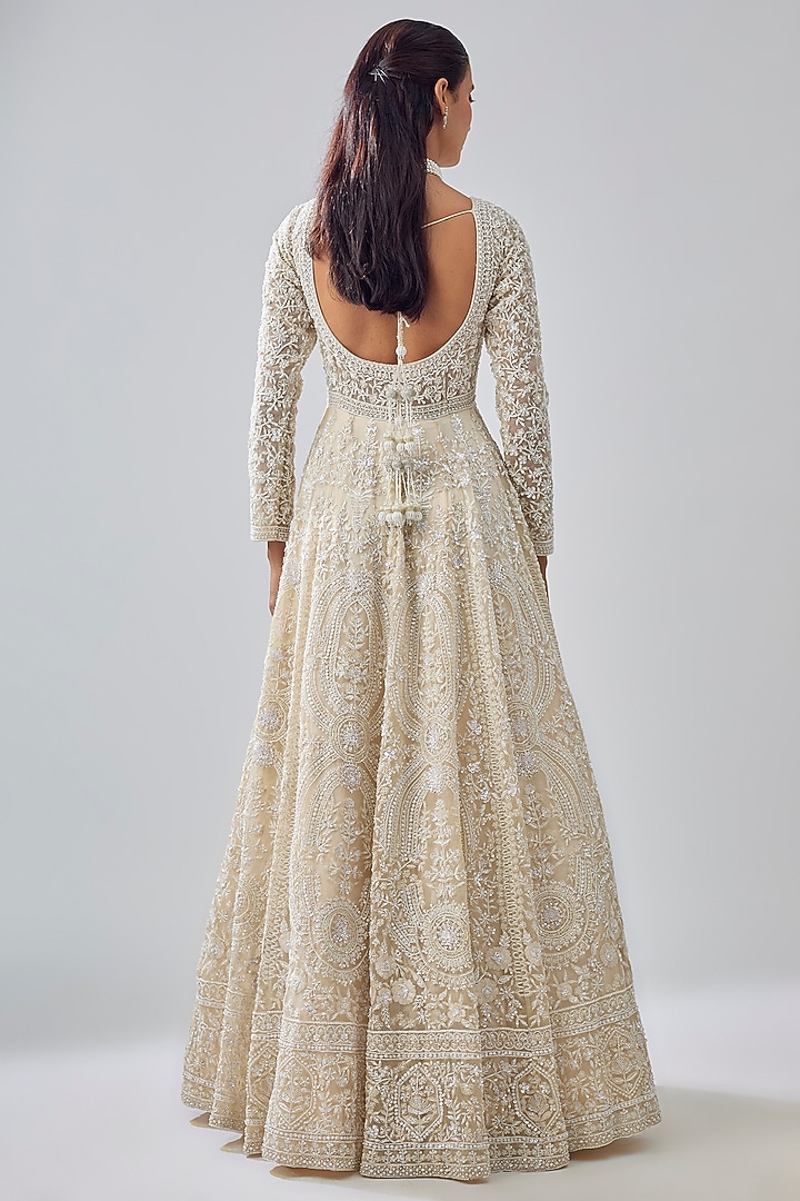 Ivory Tissue Organza Brocade Zardosi Embroidered Jacket Bridal Lehenga Set by Kalighata at Pernia's Pop Up Shop