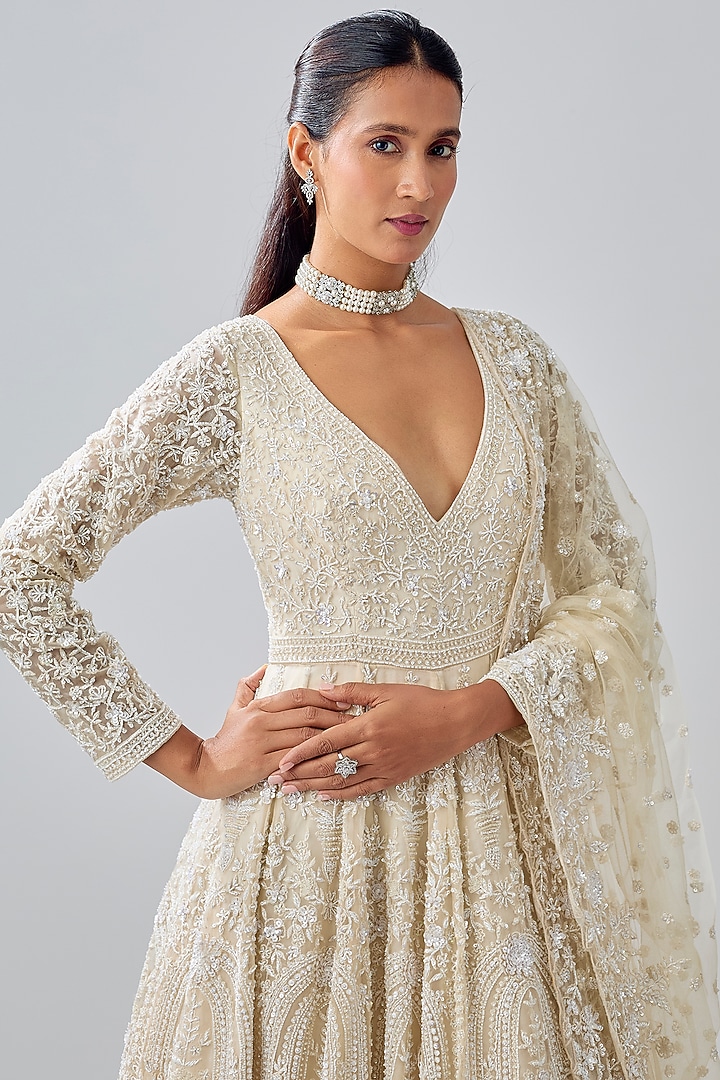 Ivory Tissue Organza Brocade Zardosi Embroidered Jacket Bridal Lehenga Set by Kalighata at Pernia's Pop Up Shop