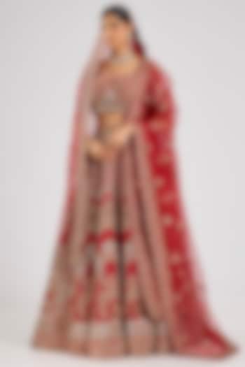 Red Raw Silk Embroidered Bridal Lehenga Set by Kalighata at Pernia's Pop Up Shop