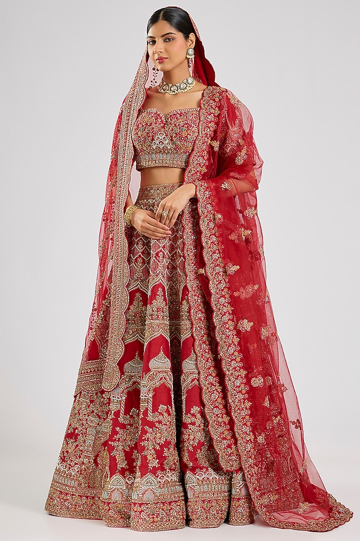 Red Raw Silk Embroidered Bridal Lehenga Set by Kalighata at Pernia's Pop Up Shop