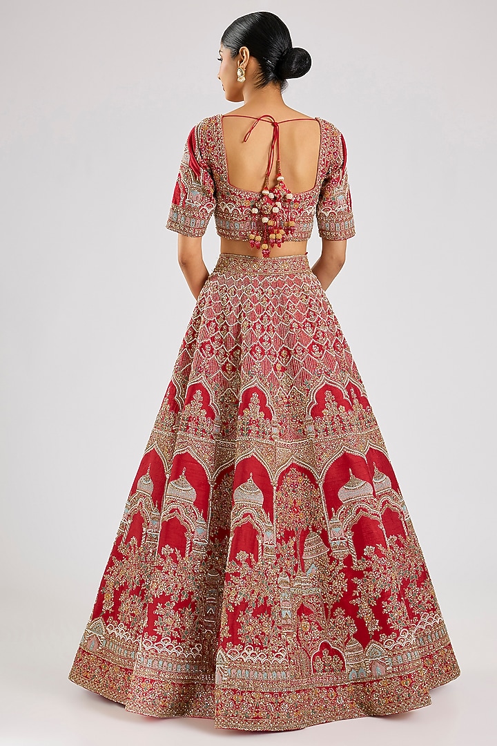 Red Raw Silk Embroidered Bridal Lehenga Set by Kalighata at Pernia's Pop Up Shop