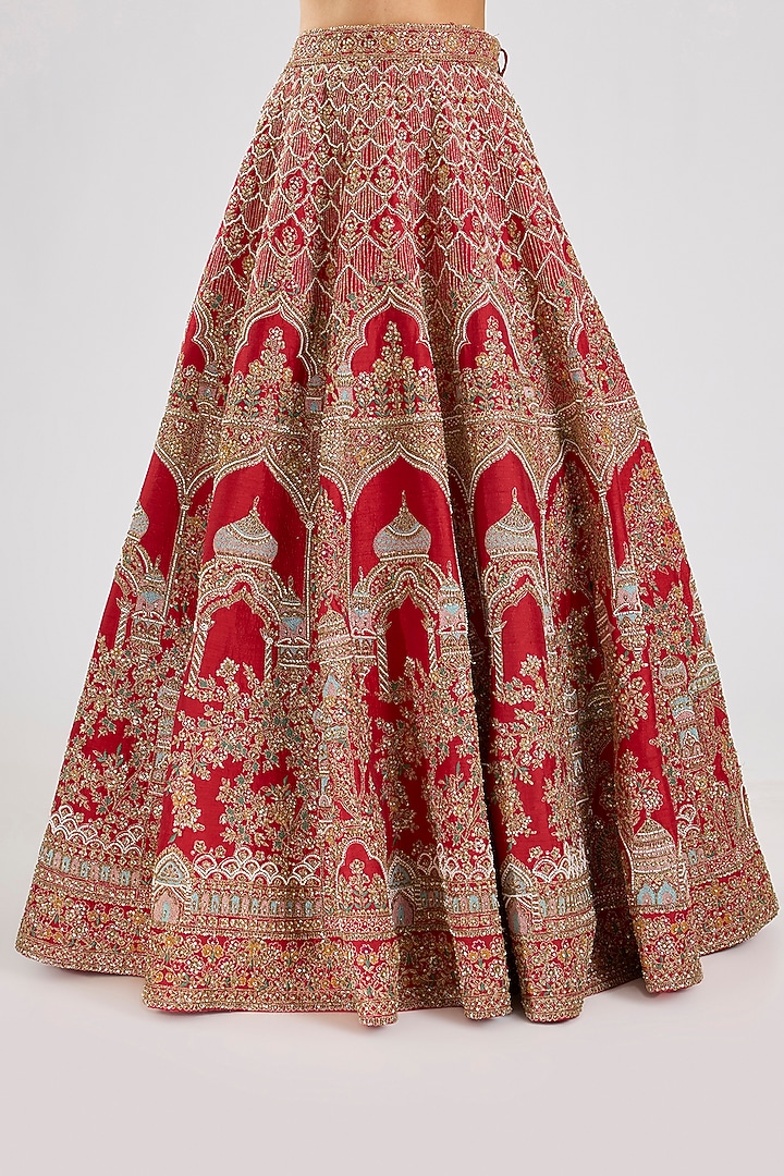 Red Raw Silk Embroidered Bridal Lehenga Set by Kalighata at Pernia's Pop Up Shop