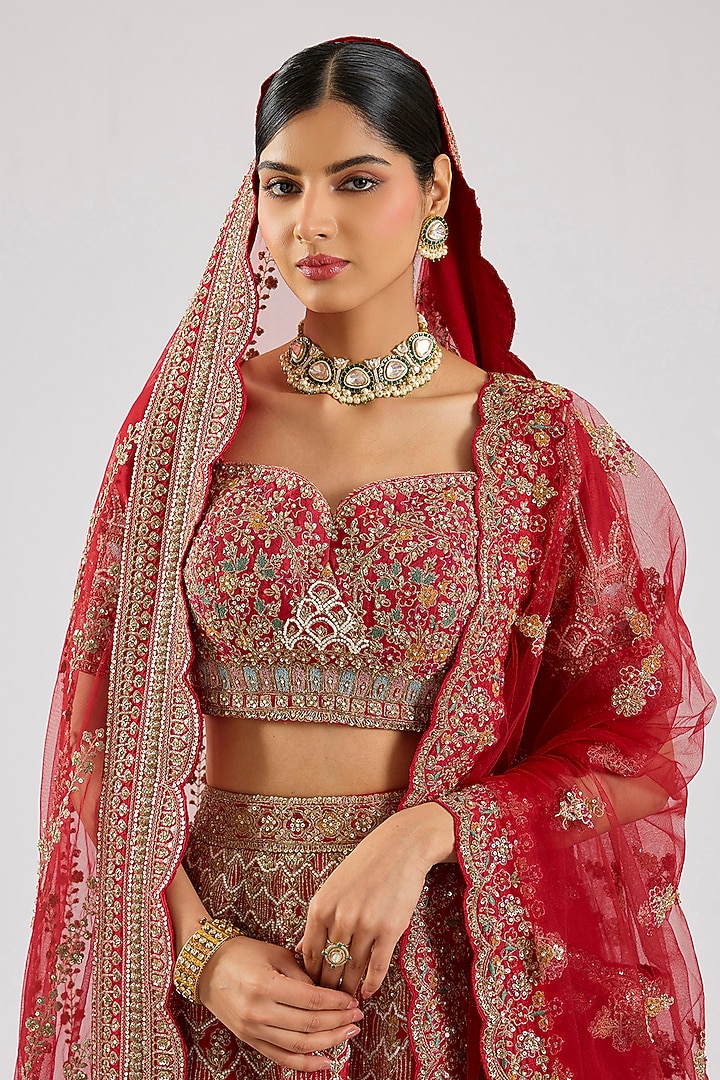 Red Raw Silk Embroidered Bridal Lehenga Set by Kalighata at Pernia's Pop Up Shop