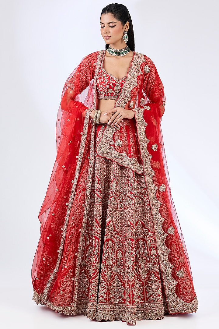 Red Raw Silk Zardosi Embellished Bridal Lehenga Set by Kalighata at Pernia's Pop Up Shop