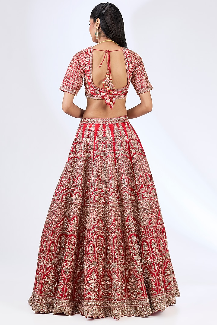Red Raw Silk Zardosi Embellished Bridal Lehenga Set by Kalighata at Pernia's Pop Up Shop