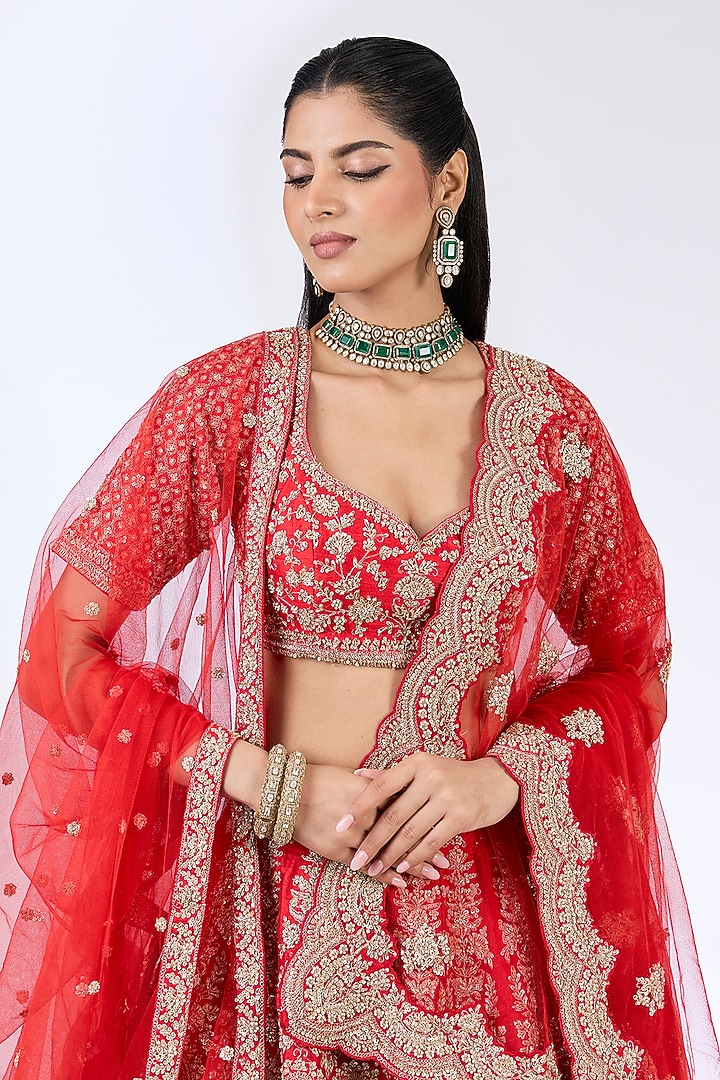 Red Raw Silk Zardosi Embellished Bridal Lehenga Set by Kalighata at Pernia's Pop Up Shop