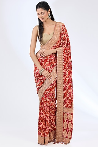 Red Bandhej Handloom Sequin & Thread Hand Embroidered Saree Set by Kalighata