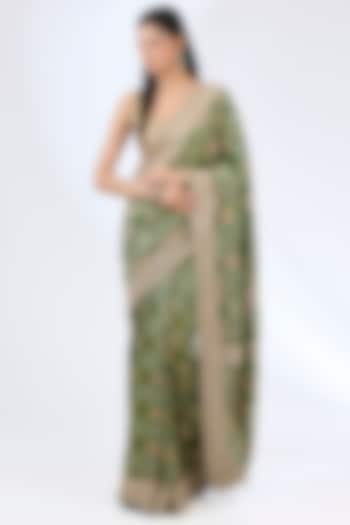 Green Bandhej Handloom Sequin & Thread Hand Embroidered Reception Saree Set by Kalighata at Pernia's Pop Up Shop
