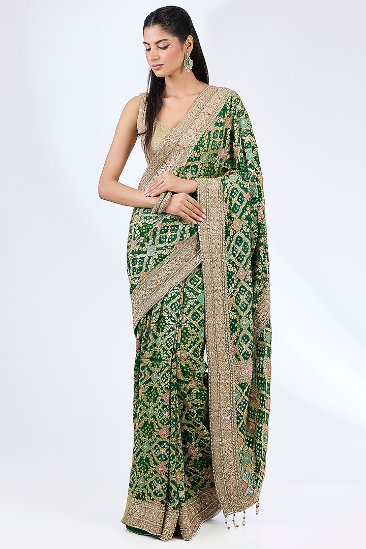 Green Bandhej Handloom Sequin & Thread Hand Embroidered Reception Saree Set by Kalighata at Pernia's Pop Up Shop