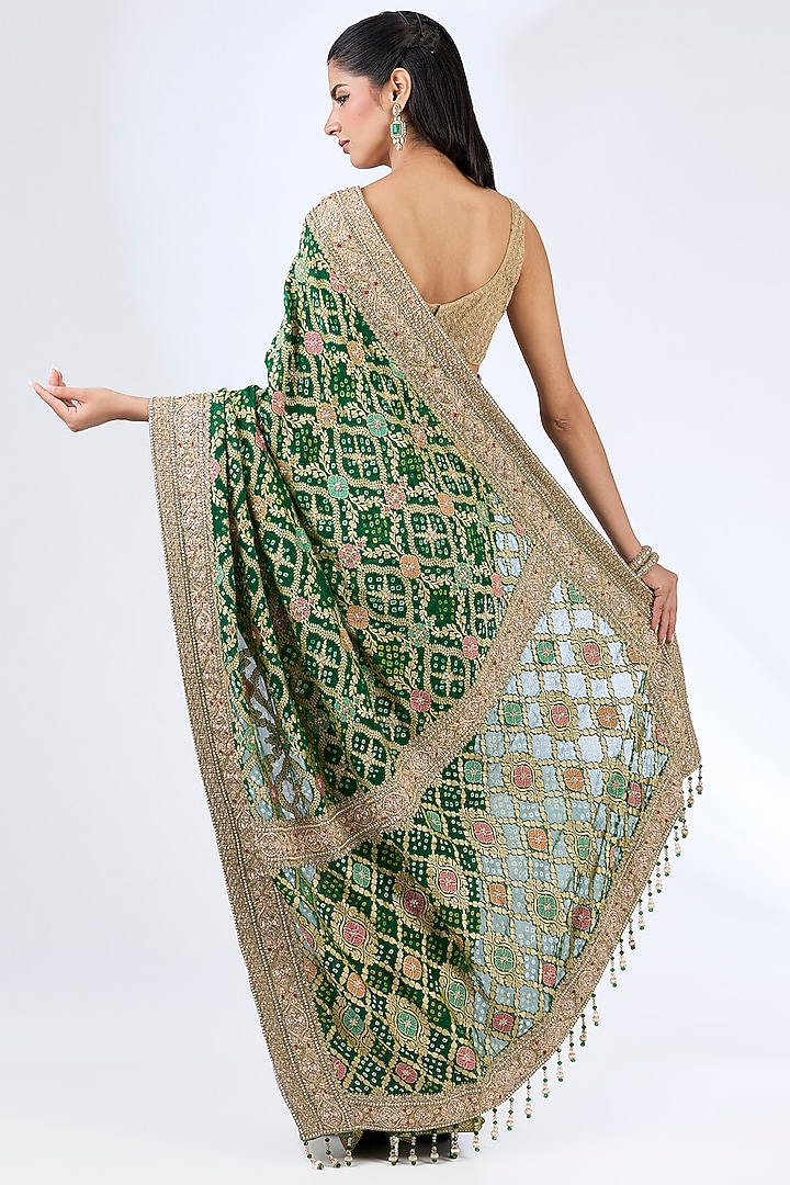 Green Bandhej Handloom Sequin & Thread Hand Embroidered Reception Saree Set by Kalighata at Pernia's Pop Up Shop