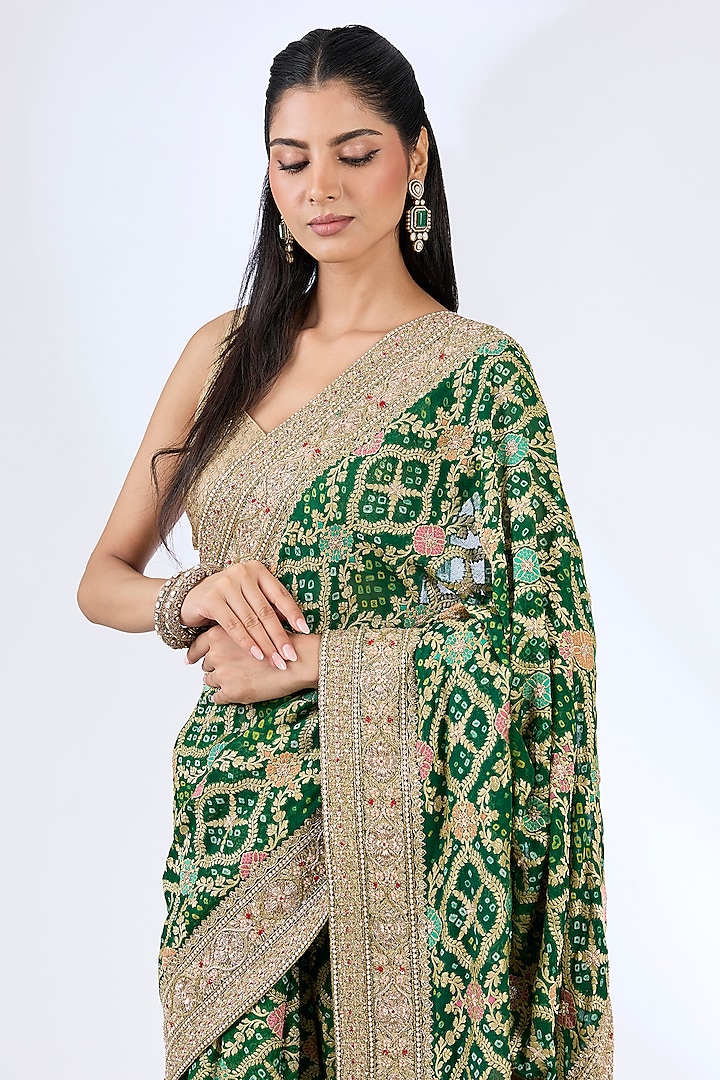 Green Bandhej Handloom Sequin & Thread Hand Embroidered Reception Saree Set by Kalighata at Pernia's Pop Up Shop