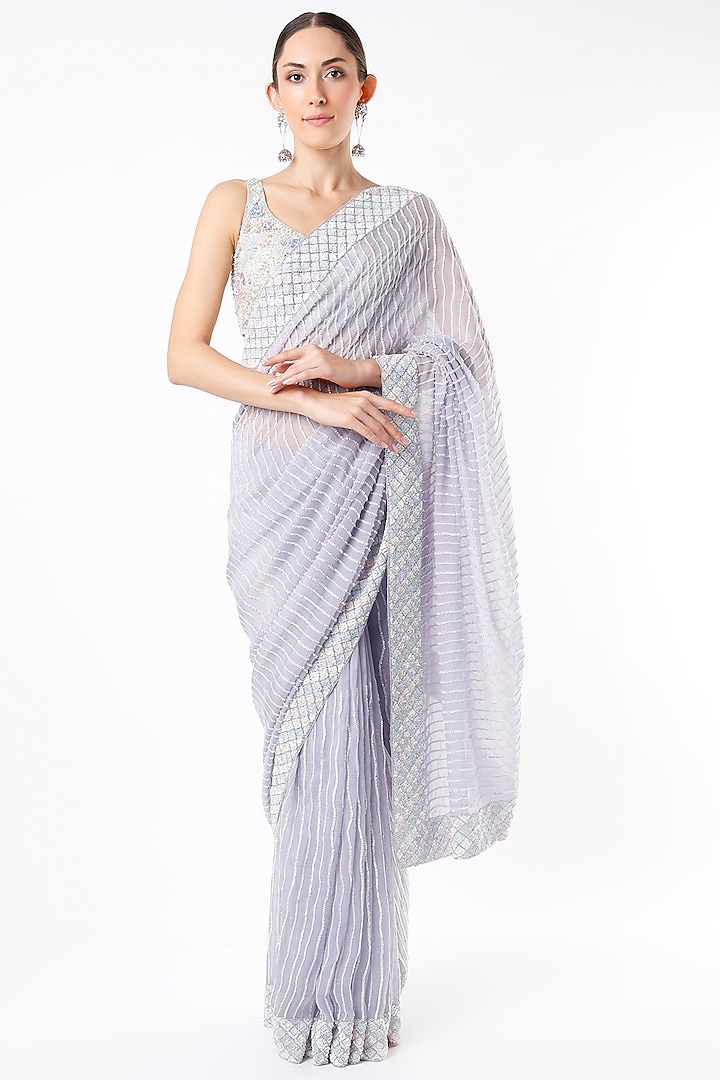 Lilac Embroidered Saree Set by Kalighata at Pernia's Pop Up Shop