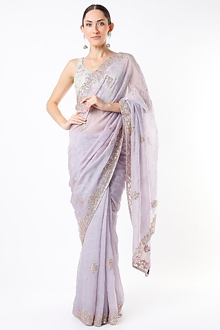 Mauve Embroidered Ruffled Saree Set With Belt