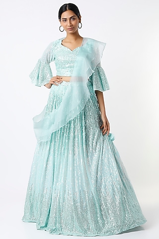 Medium Turquoise Embroidered Lehenga Set by Kalighata