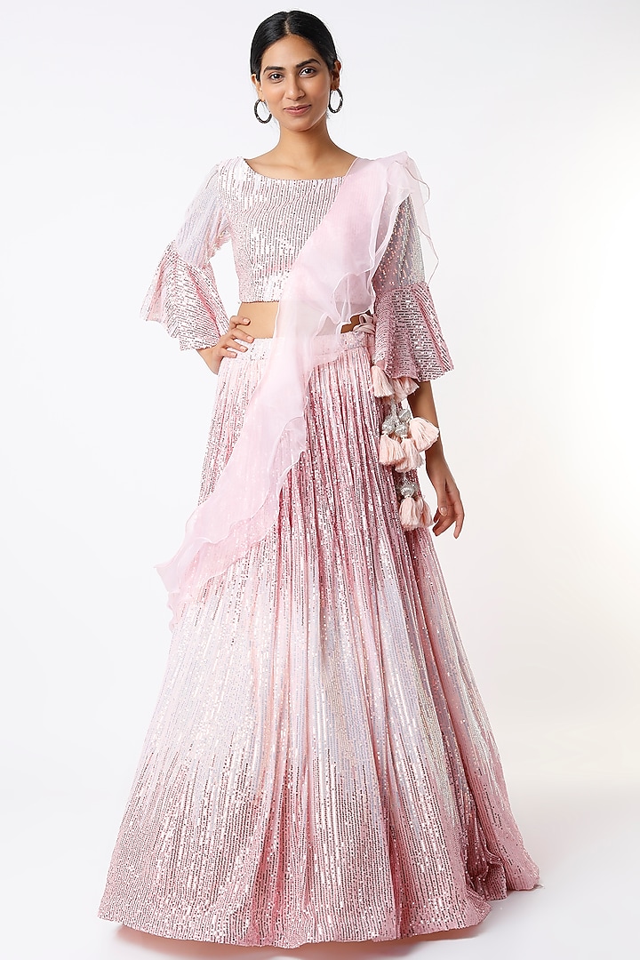 Blush Pink Embroidered Lehenga Set by Kalighata