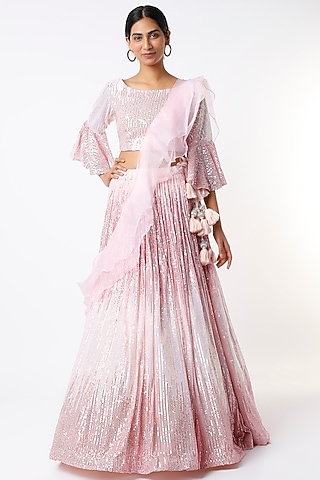 Blush Pink Embroidered Lehenga Set by Kalighata