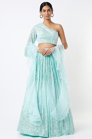 Ice Blue Sequins Net Embroidered Lehenga Set by Kalighata