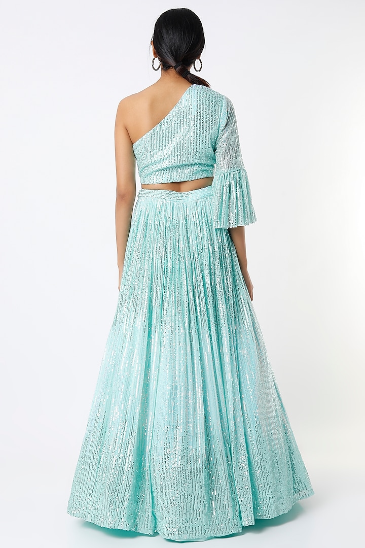 Ice Blue Sequins Net Embroidered Wedding Lehenga Set by Kalighata at Pernia's Pop Up Shop
