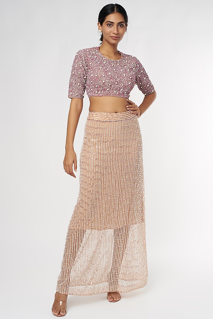 Blush Pink Sequins Net Skirt Set by Kalighata