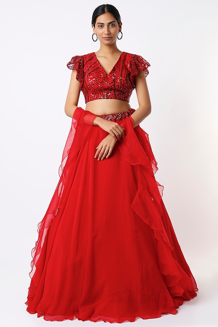 Red Organza Wedding Lehenga Set by Kalighata at Pernia's Pop Up Shop