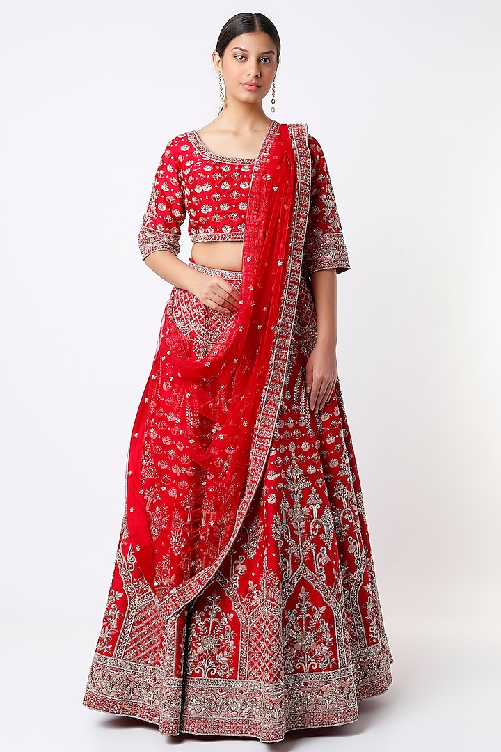 Red Raw Silk Embroidered Lehenga Set by Kalighata