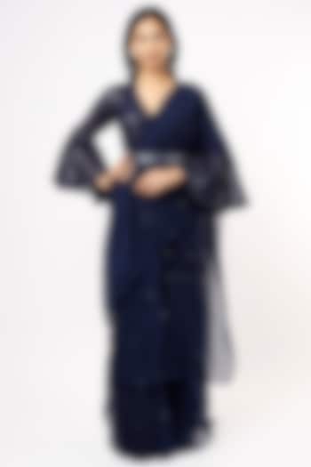 Navy Blue Organza Party Wear Saree Set by Kalighata at Pernia's Pop Up Shop