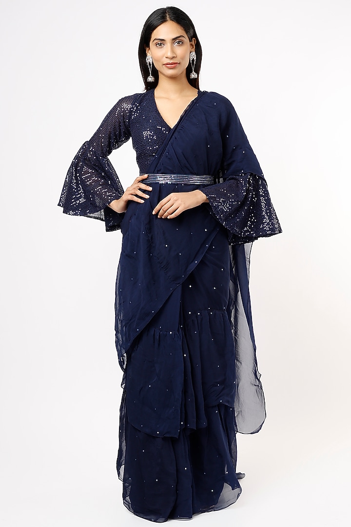 Navy Blue Organza Party Wear Saree Set by Kalighata at Pernia's Pop Up Shop