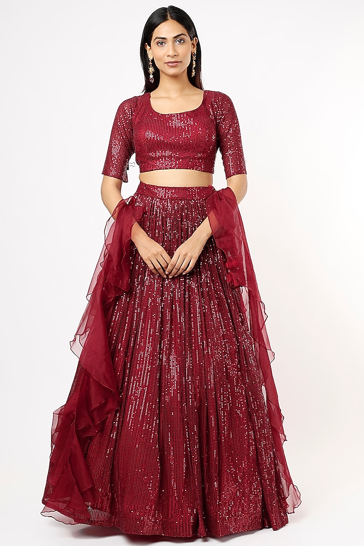 Red Embroidered Wedding Lehenga Set by Kalighata at Pernia's Pop Up Shop