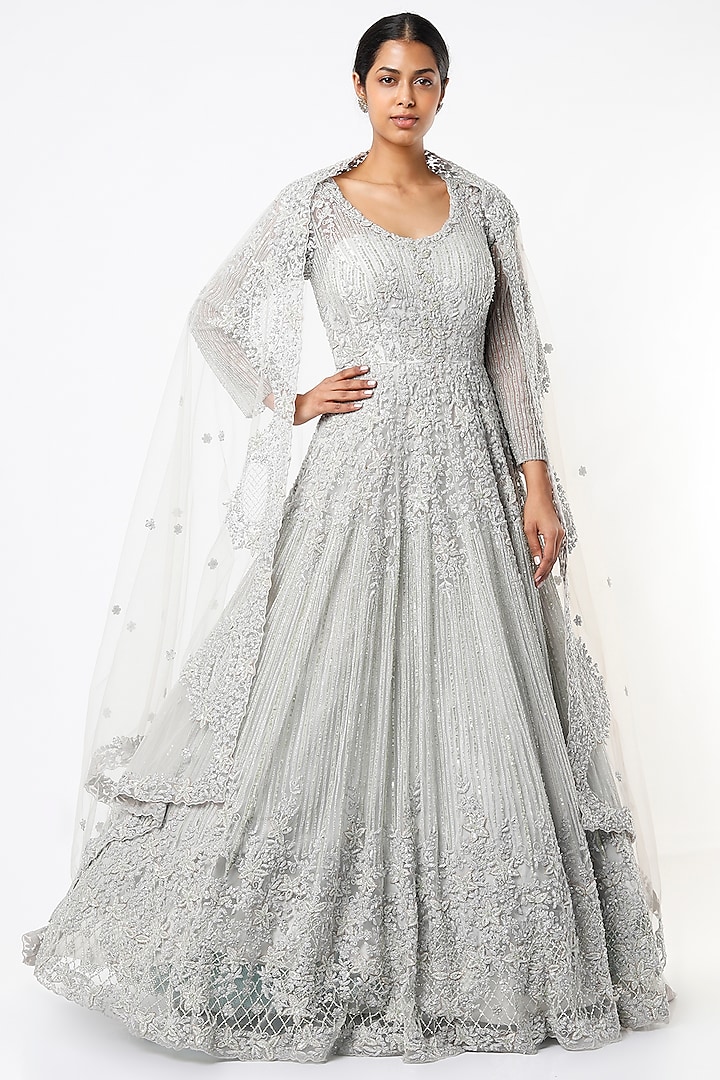 Grey Embroidered Gown With Choker Dupatta by Kalighata