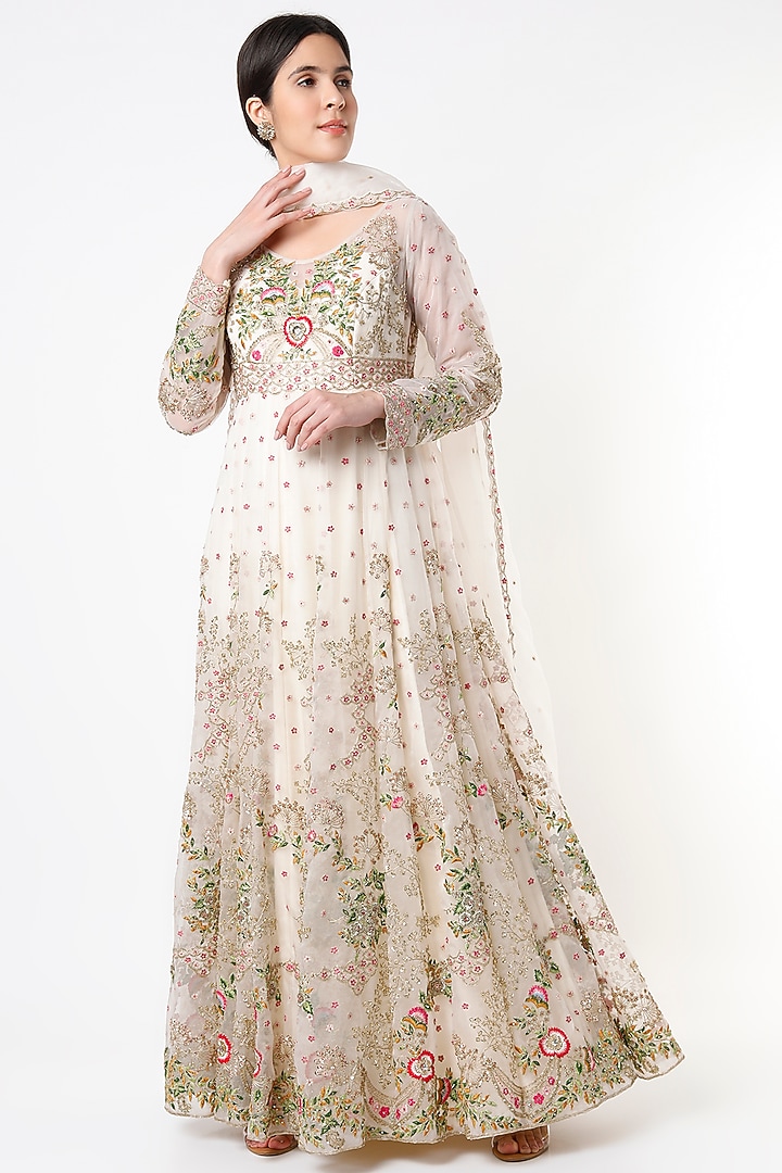 White Embroidered Bridal Anarkali Set by Kalighata at Pernia's Pop Up Shop
