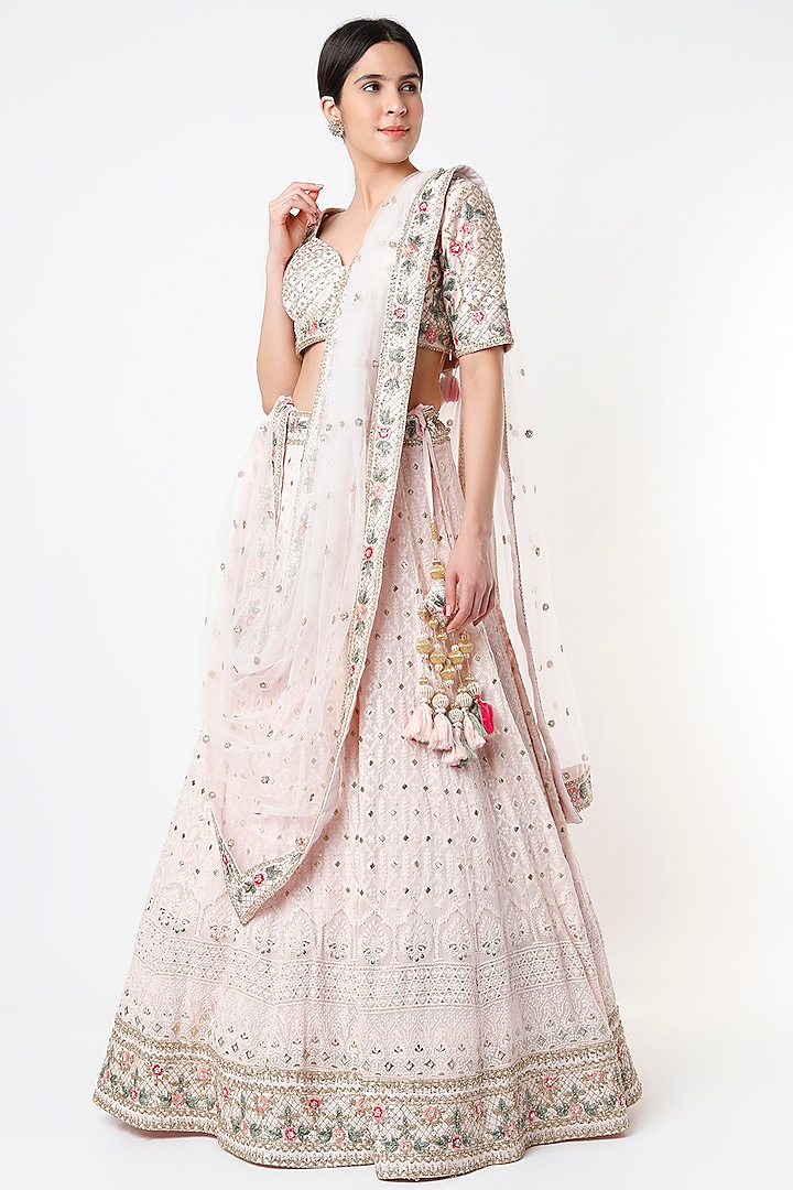 Crystal Pink Chikankari Embroidered Lehenga Set by Kalighata