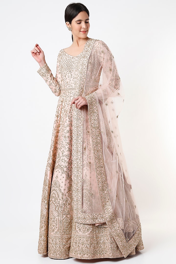 Peach Hand Embroidered Gown With Dupatta by Kalighata