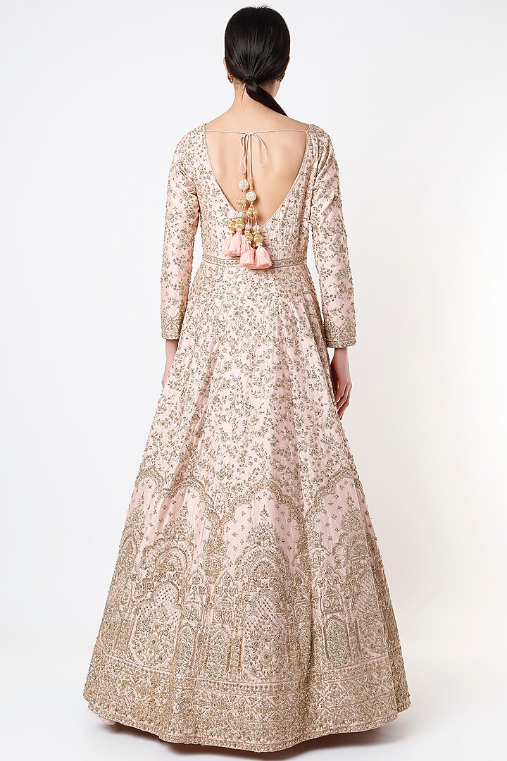 Peach Hand Embroidered Wedding Gown With Dupatta by Kalighata at Pernia's Pop Up Shop