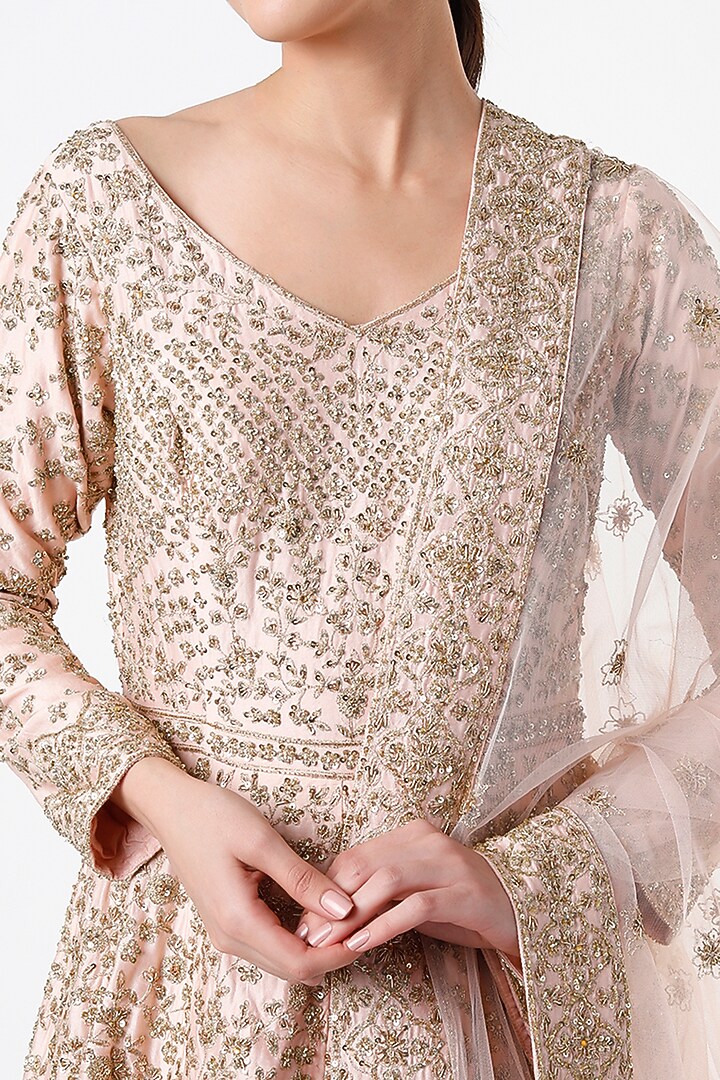 Peach Hand Embroidered Wedding Gown With Dupatta by Kalighata at Pernia's Pop Up Shop