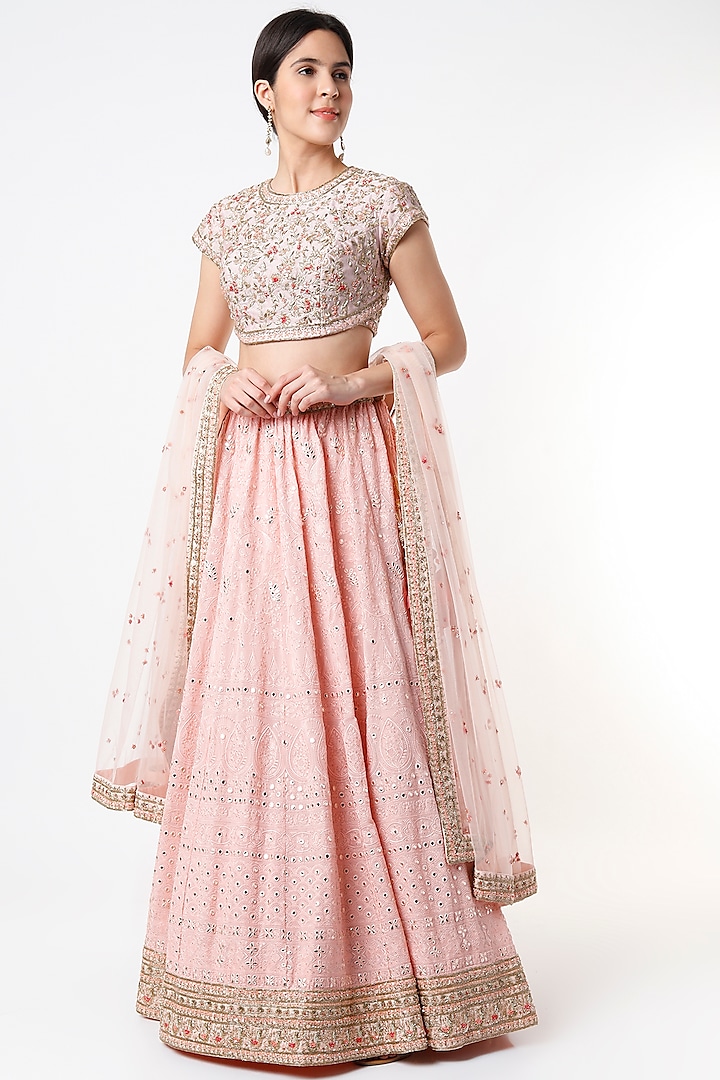 Blush Pink Embroidered Lehenga Set by Kalighata