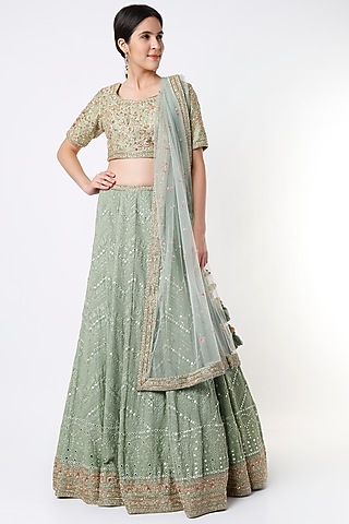 Olive Green Chikankari Embroidered Lehenga Set by Kalighata